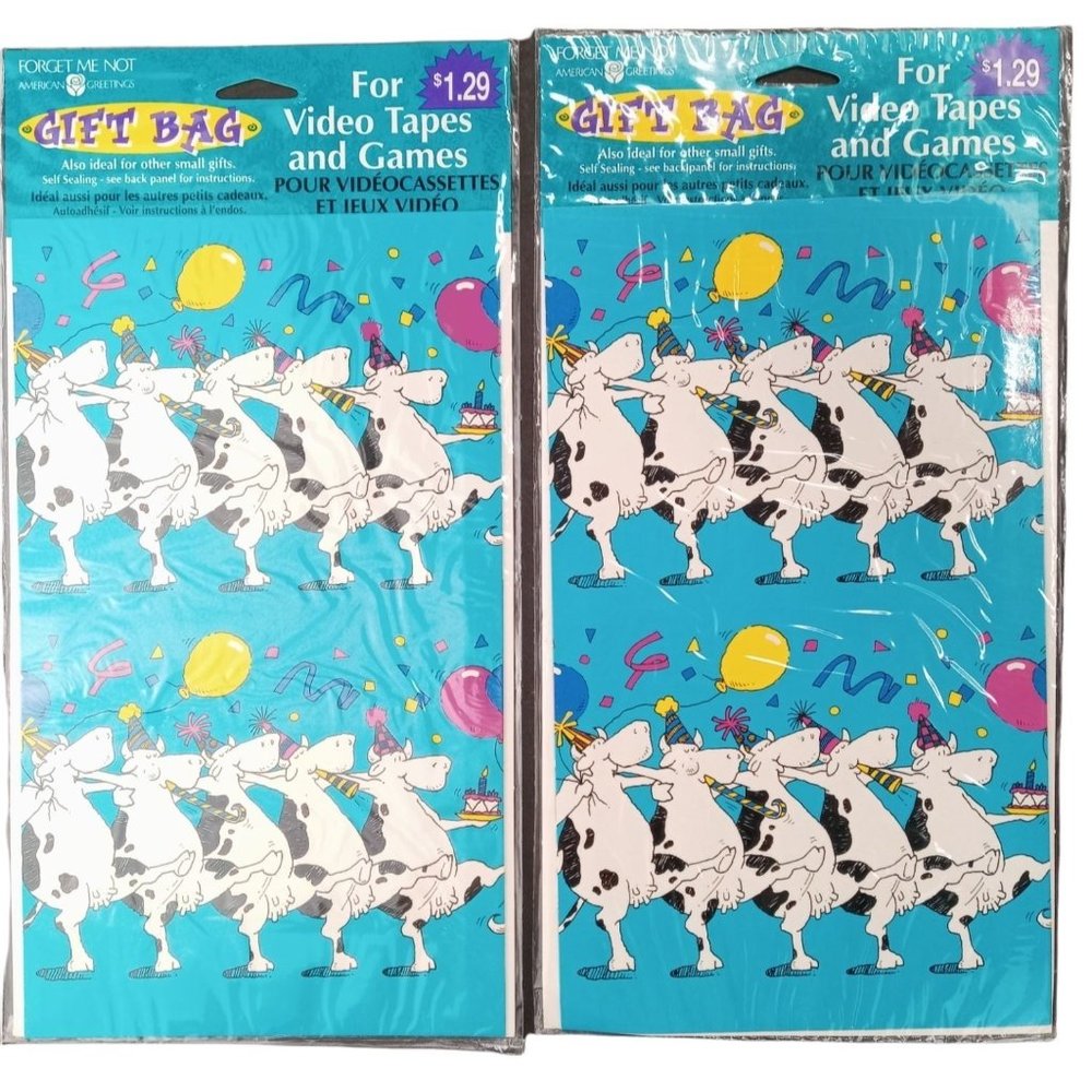 Vintage Video Tape Gift Bags VHS New Set Of 2 Videocassette Cows Party Nostalgia